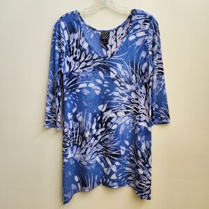 Clara Sun Woo Tunic Womens Size XSmall Blue Abstract 3/4 Sleeve Knit Top Stretch